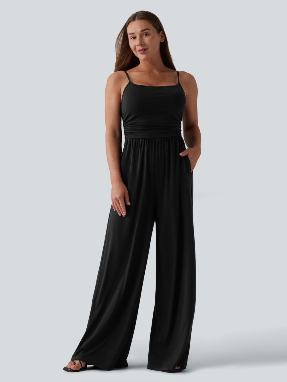 NWT HALARA Black Wide-Leg Ruched Top Jumpsuit Medium